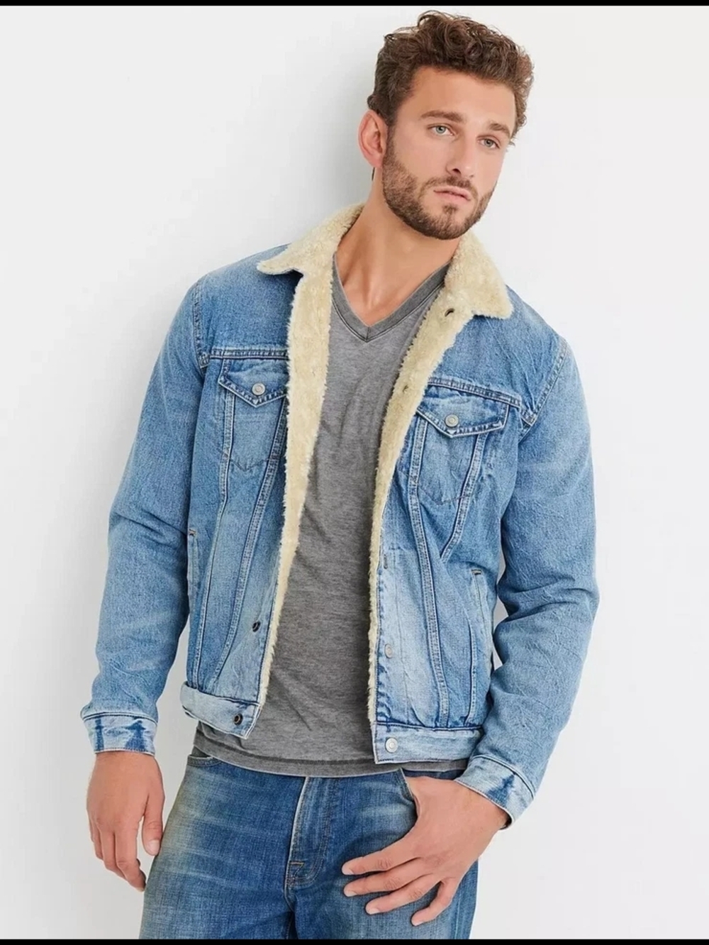 Lucky Brand Light Blue Denim Jacket with Cream Sherpa Trim